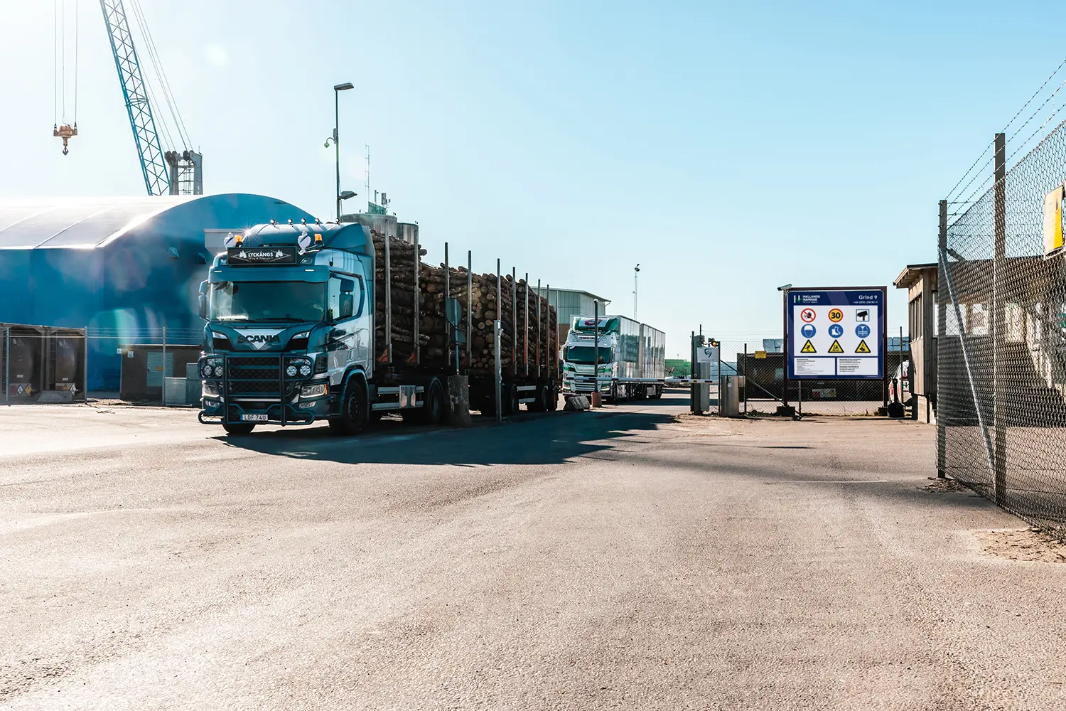 Lastbilar transporterar trävaror från hamn